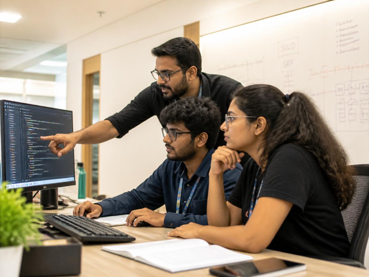 A mentor guiding two students through a project review at Zortex Solutions